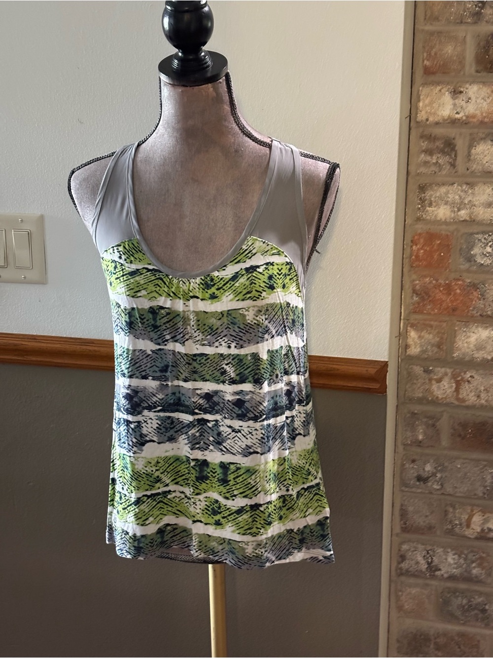 Mudd Gray Tank Top with Lime and Navy Abstract Stripes